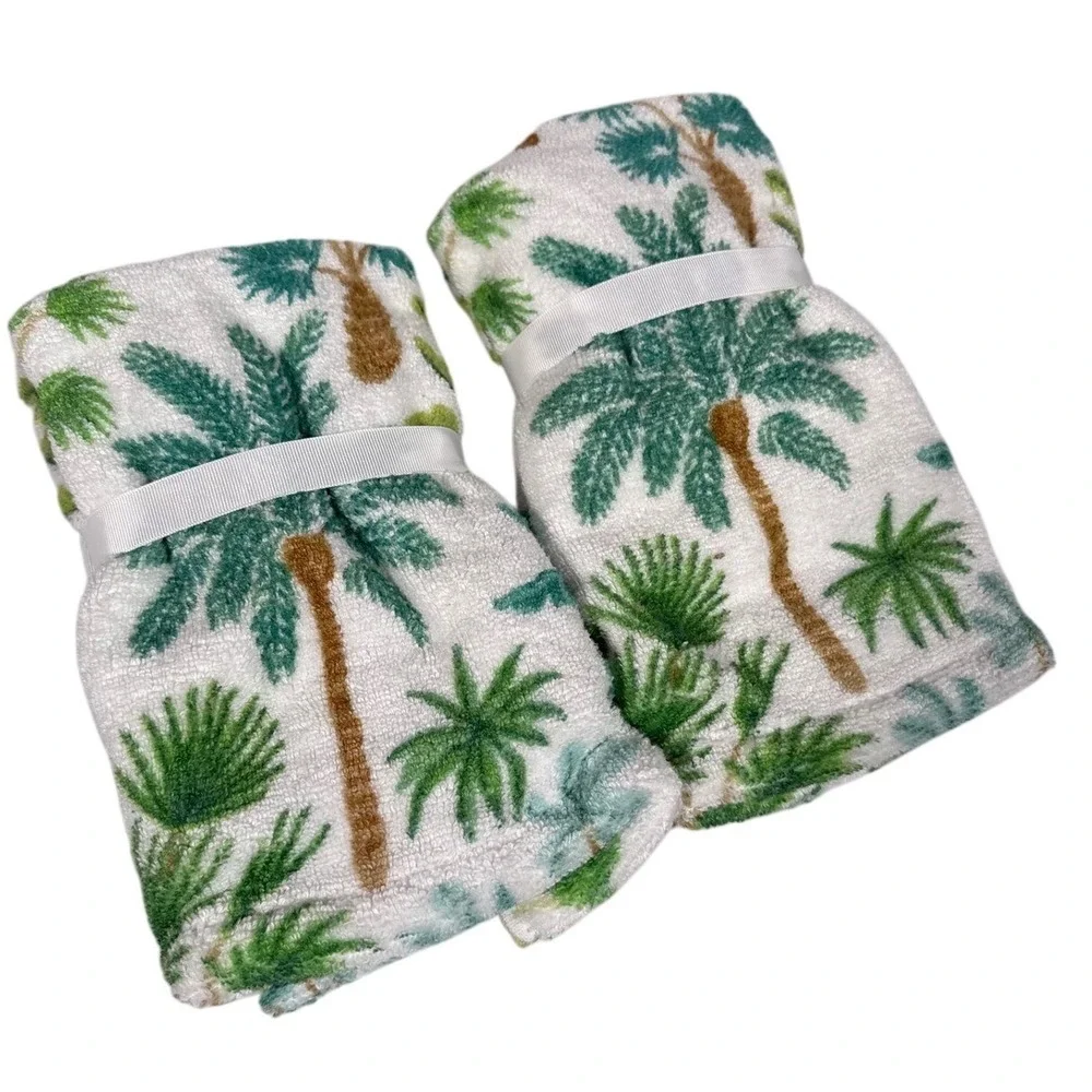 Caro Home Coastal Collection Palm Tree Tip Towels Set of 4 White Green‎ New